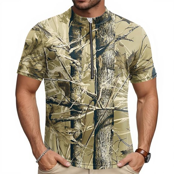 Mens Cycling Jersey Cycling Shirt Short Sleeve Bike Riding Shirt, Primal Camouflage Printed Pattern, 1/4 Zip Activewear with 3 Rear Pockets Moisture Wicking Breathable Quick Dry Biking Shirt