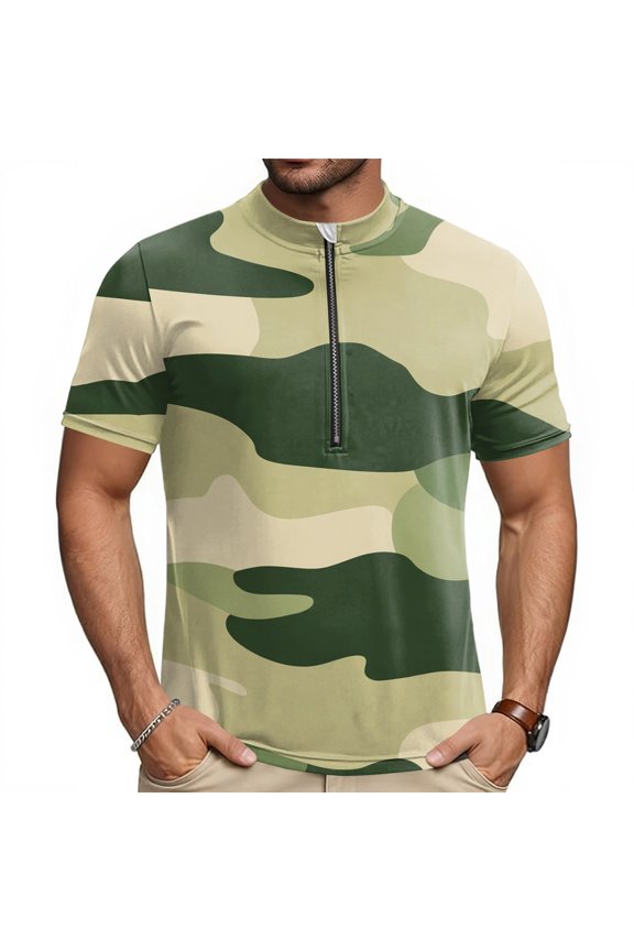 Mens Cycling Jersey Cycling Shirt Short Sleeve Bike Riding Shirt, Tactical Camouflage Sportswear with 3 Rear Pockets, Breathable Quick Dry Top for Biking, Stand Collar Training Shirt