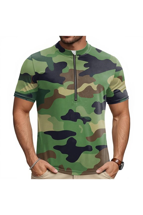 Mens Cycling Jersey Cycling Shirt Short Sleeve Bike Riding Shirt, Tactical Camouflage Sportswear with 3 Rear Pockets, Breathable Quick Dry Top for Biking, Stand Collar Training Shirt
