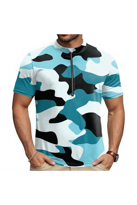 Mens Cycling Jersey Cycling Shirt Short Sleeve Bike Riding Shirt, Tactical Camouflage Sportswear with 3 Rear Pockets, Breathable Quick Dry Top for Biking, Stand Collar Training Shirt