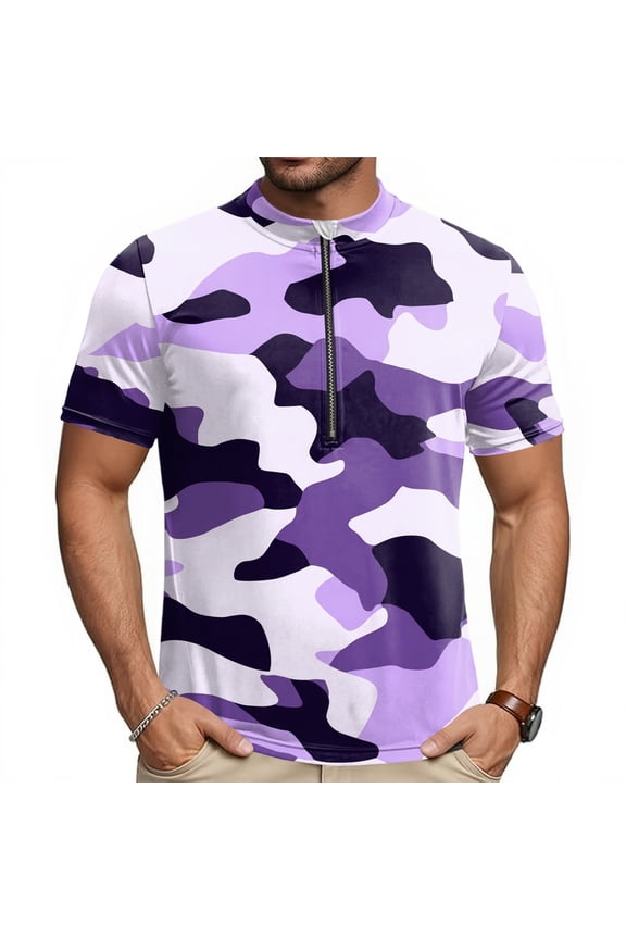 Mens Cycling Jersey Cycling Shirt Short Sleeve Bike Riding Shirt, Tactical Camouflage Sportswear with 3 Rear Pockets, Breathable Quick Dry Top for Biking, Stand Collar Training Shirt