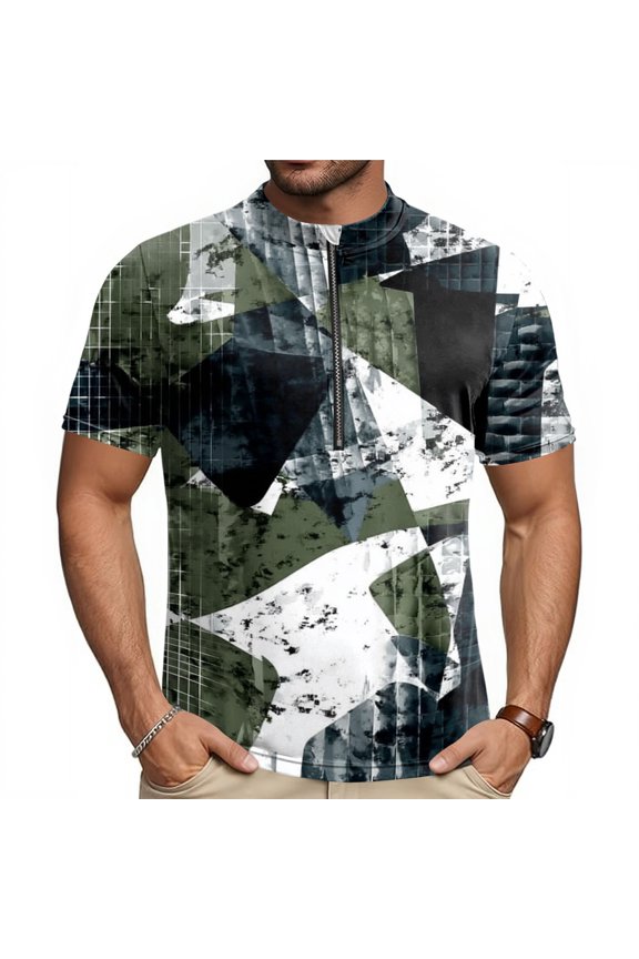 Mens Cycling Jersey Cycling Shirt Short Sleeve Bike Riding Shirt, Textured Pixel Camouflage Sportswear with 3 Rear Pockets, Breathable Quick Dry Top for Biking, Stand Collar Training Shirt
