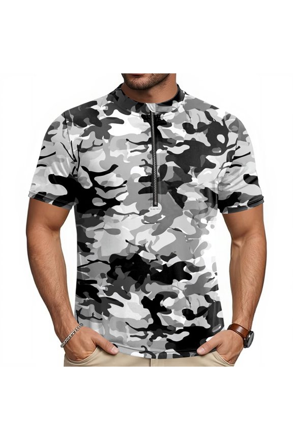 Mens Cycling Jersey Cycling Shirt Short Sleeve Bike Riding Shirt, Textured Pixel Camouflage Sportswear with 3 Rear Pockets, Breathable Quick Dry Top for Biking, Stand Collar Training Shirt
