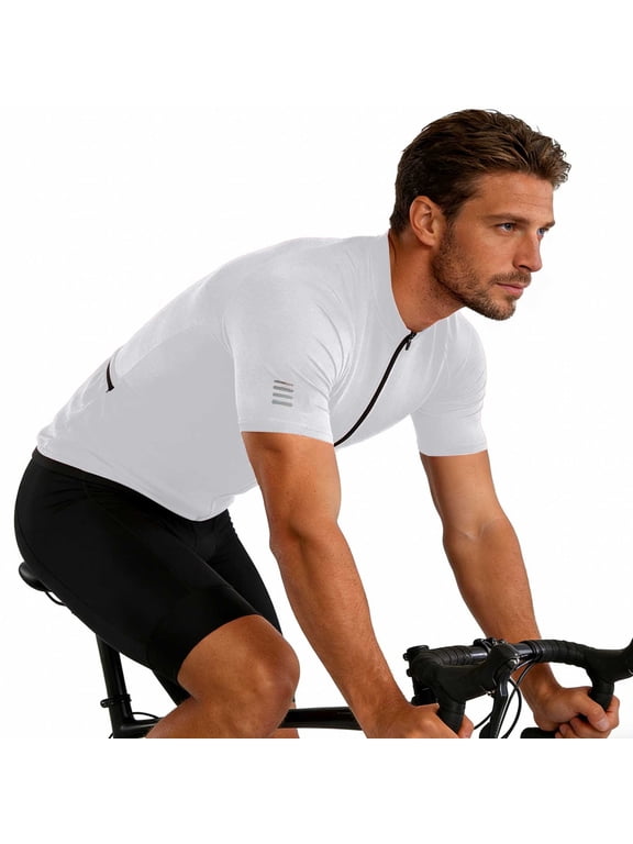 Mens Cycling Jersey Zip Up Short Sleeve Pocket Shirt with Reflective Strip Quick Dry Moisture-Wicking