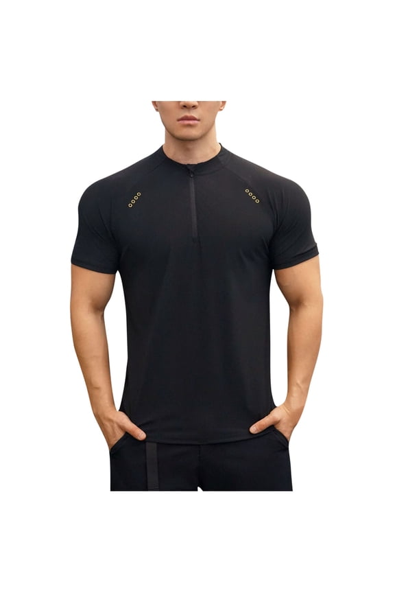 Mens Cycling Short Sleeve Bike Shirt 1/4 Zip Solid Color Series with Zipped Rear Pocket Black XXL