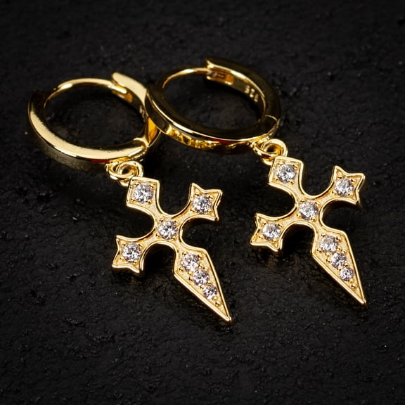 Mens Cz Iced Yellow Gold Sterling Silver Dangle Dagger Hanging Cross Hoop Earrings