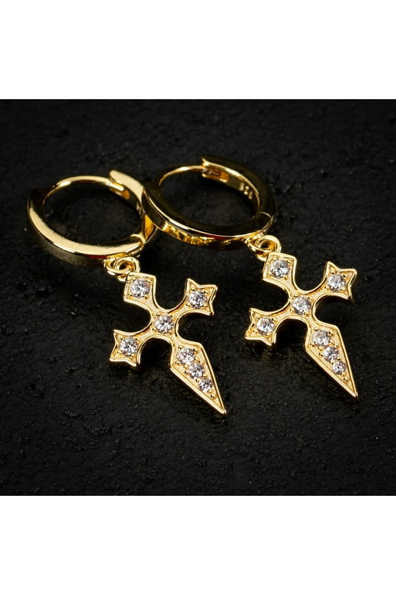 Mens Cz Iced Yellow Gold Sterling Silver Dangle Dagger Hanging Cross Hoop Earrings