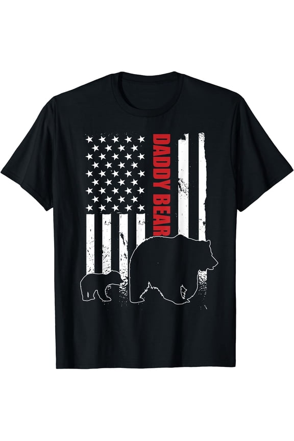 Mens Daddy Bear With Cub American Flag Papa Bear Father'S Day T-Shirt