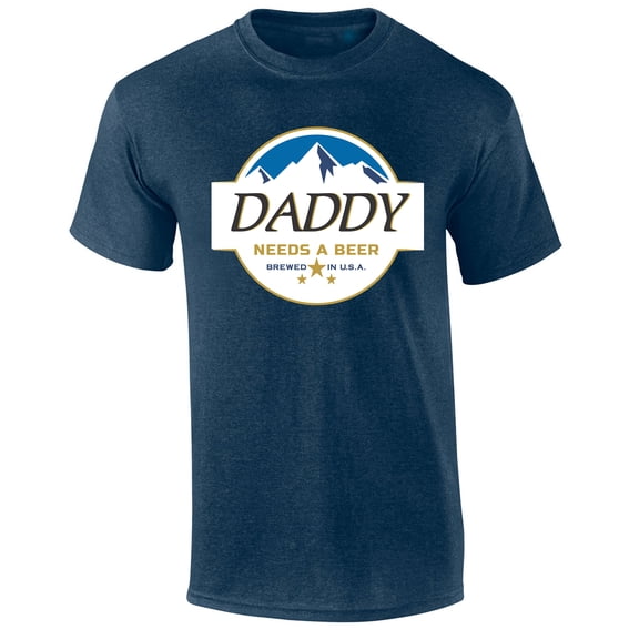 Mens Daddy Needs A Beer Shirt Funny Blue Mountains American Can Logo Parody Short Sleeve T-shirt Graphic Tee-Heather Navy-large