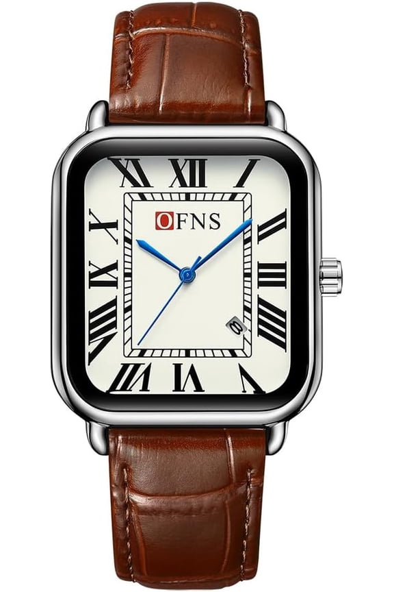 Mens Dainty Rectangle Square Leather Strap Simple Full Roman Numerals Dial Quartz Watch Tone Case Business Fashion Dress Wristwatch