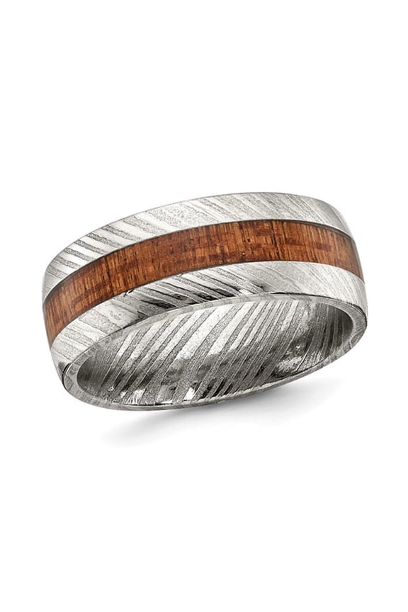 Gem & Harmony Mens Damascus Steel 8mm Sapele Wood Inlay Wedding Band Ring for Men