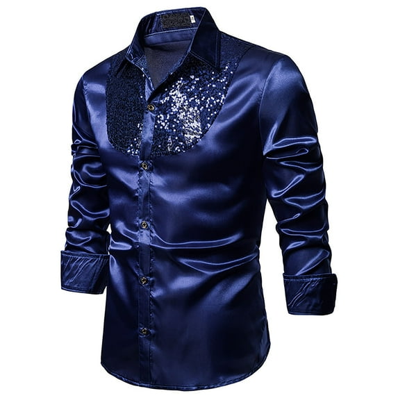 Mens Dance Party Sequin Shirts 70s Luxury Disco Button Down Shirt Fashion Satin Blouse Long Sleeve Dress Shirt