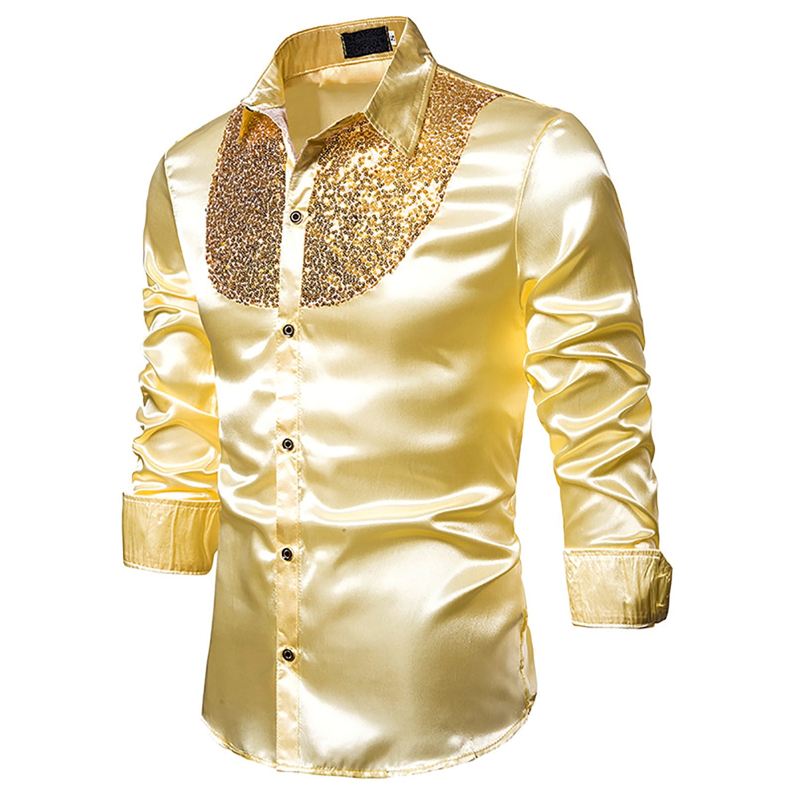 Mens Dance Party Sequin Shirts 70s Luxury Disco Button Down Shirt Fashion  Satin Blouse Long Sleeve Dress Shirt