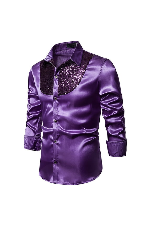 Mens Dance Party Sequin Shirts 70s Luxury Disco Button Down Shirt Fashion Satin Blouse Long Sleeve Dress Shirt