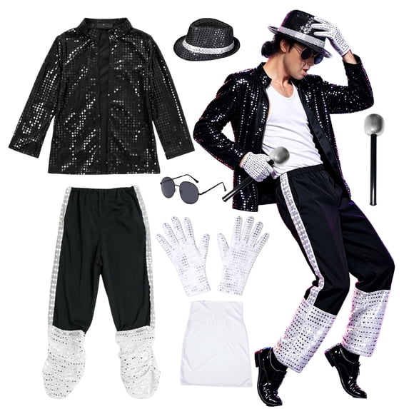 Mens Dance Star Outfit 𝗖ostume Set 80s 90s Disco Party Stage Shirt with Sequin Jacket, Pants, Hat 80s outfit