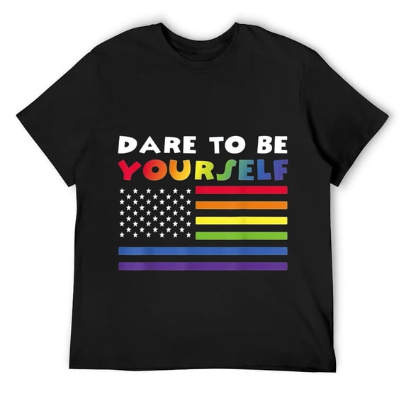 Mens Dare To Be Yourself Gay Pride Rainbow LGBT US American Flag T-Shirt Black