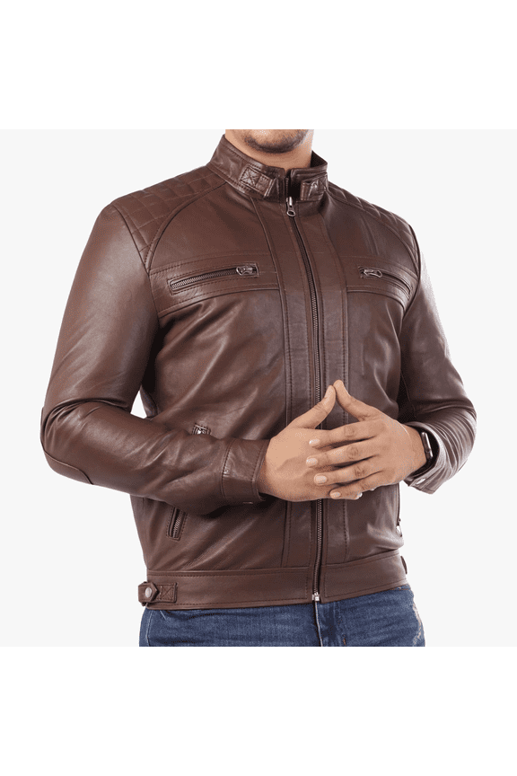 Mens Dark Brown Leather Jacket Motorcycle Slim Fit Biker Jacket