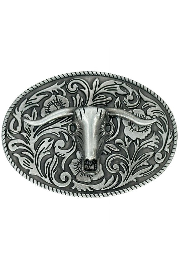Mens Dark Grey Antique Silver Finish Bull Skull Belt Buckle Cowboy Western Texas Cowboy