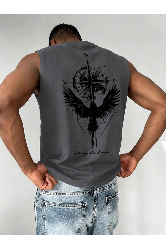 Mens Dark Grey Summer Tank Top With Mysterious Compass And Raven Print