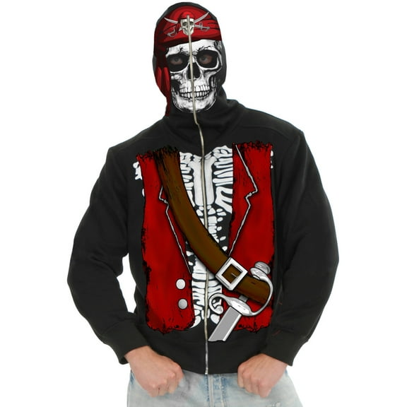 Men's Teen 36-38 Evil Scary Black Pirate Skeleton Costume Hoodie Mask Sweatshirt