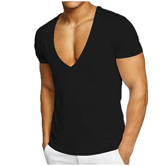 Mens Deep V Neck T Shirt Stretch Muscle Gym Workout Tee Shirt Short Sleeve Slim Fit Low Cut Tank Tops