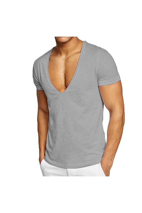 Mens Deep V Neck T Shirts Short Sleeve Moisture-Wicking Tees Tops Casual Solid Color Stretchy Slim Pullover Breathable Athletic Workout Tshirts Shirt