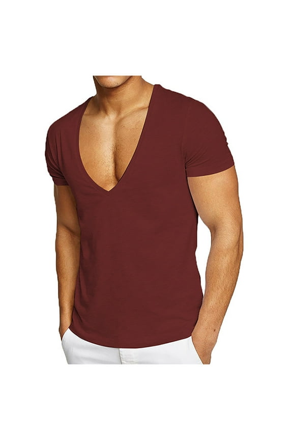 Mens Deep V-Neck T-Shirts Short Sleeve Tops Workout Tees Tshirts Gym Athletic Undershirts Slim Fit Activewear Shirt