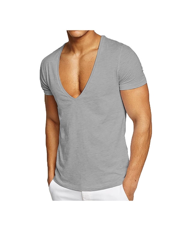Mens Deep V-Neck T-Shirts Short Sleeve Tops Workout Tees Tshirts Gym Athletic Undershirts Slim Fit Activewear Shirt
