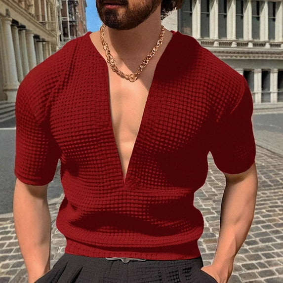 Mens Deep V Neck T-Shirts Trendy Short Sleeve Tshirts Shirts Pullover Slim-Fit Solid Color Breathable Nightclub Party Tees Tops