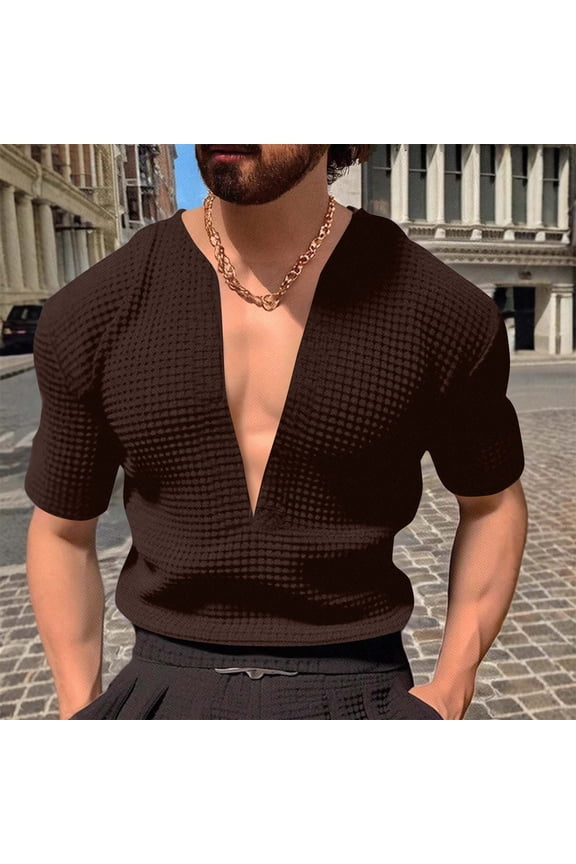 Mens Deep V Neck T-Shirts Trendy Short Sleeve Tshirts Shirts Pullover Slim-Fit Solid Color Breathable Nightclub Party Tees Tops