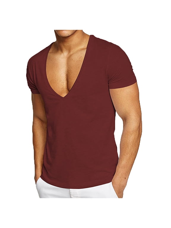 Mens Deep V Neck T-shirts Short Sleeve Tops Moisture Wicking Workout Slim Fit Tee Low Cut Classic Clothes