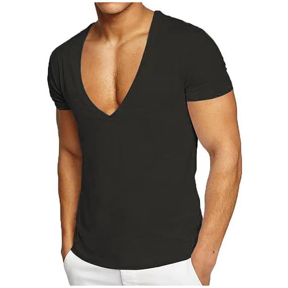 Mens Deep V Neck T-shirts Short Sleeve Tops Moisture Wicking Workout Slim Fit Tee Low Cut Classic Clothes