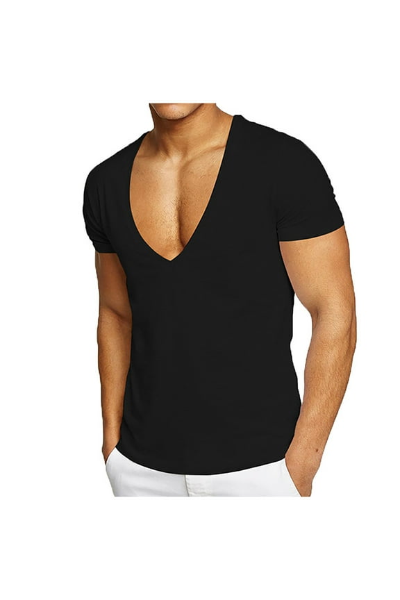 Mens Deep V Neck T-shirts Short Sleeve Tops Moisture Wicking Workout Slim Fit Tee Low Cut Classic Clothes