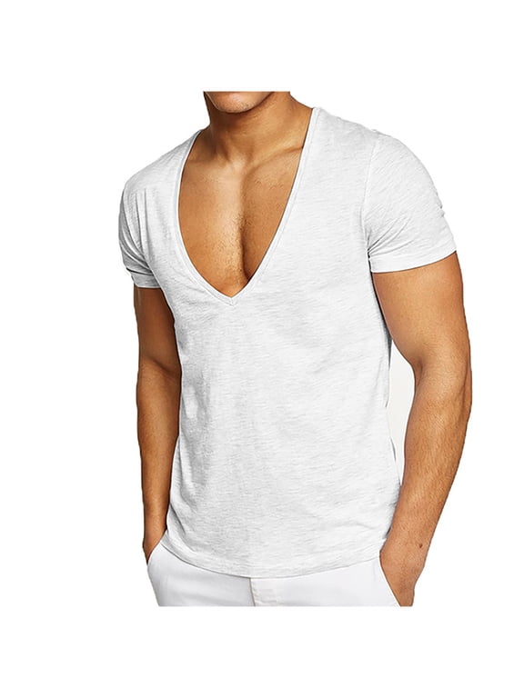 Mens Deep V Neck T-shirts Short Sleeve Tops Moisture Wicking Workout Slim Fit Tee Low Cut Classic Clothes