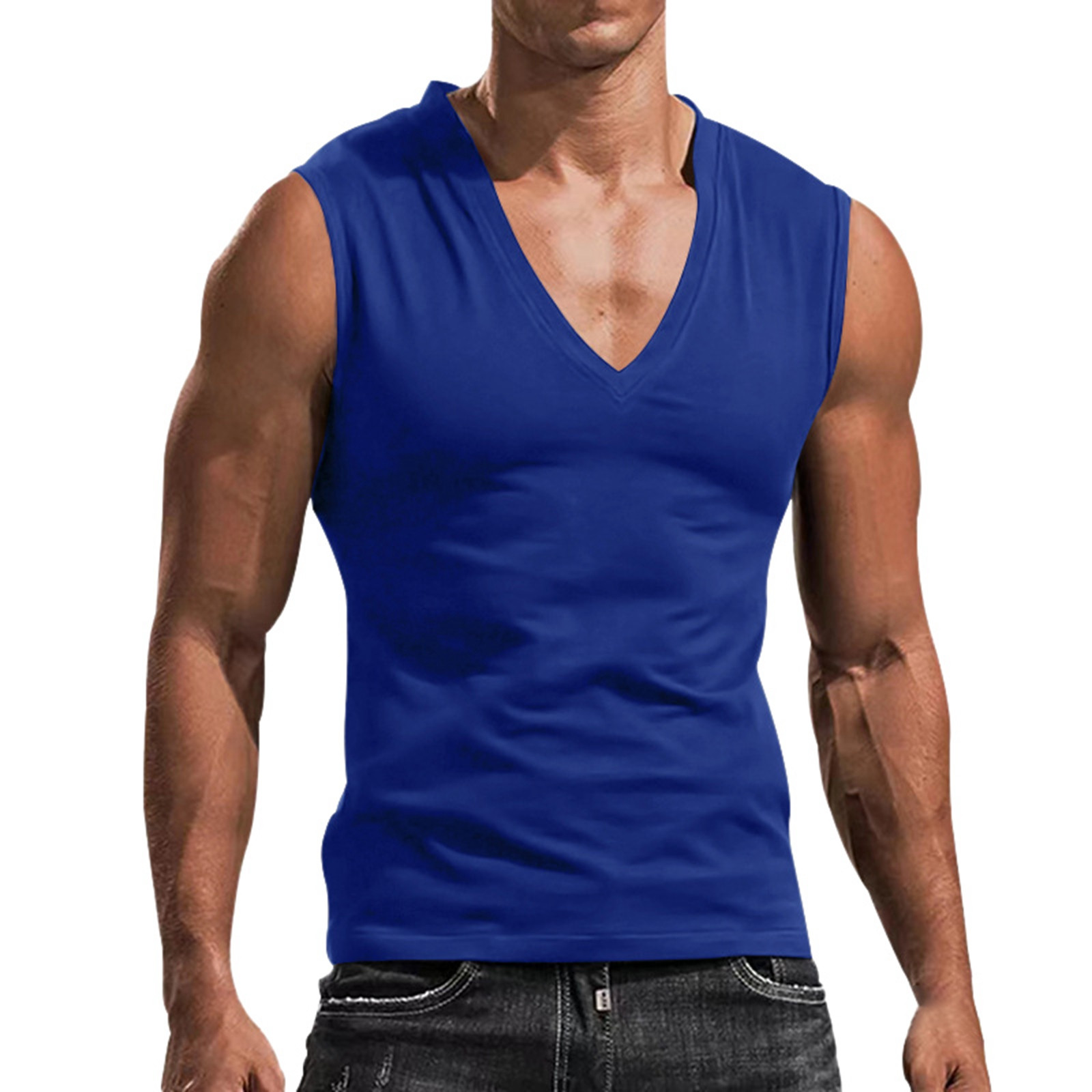 Mens Deep V Neck Tank Tops Stretch Muscle Gym Workout Sleeveless Slim Fit Low Cut Tank Tops for Summer Beach Color Blue Size L Walmart