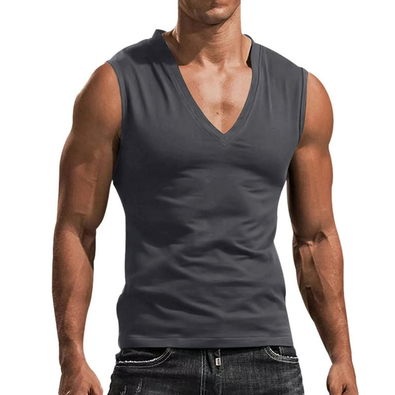 Mens Deep V Neck Tank Tops Stretch Muscle Gym Workout Sleeveless Slim Fit Low Cut Tank Tops for Summer Beach Color Dark Gray Size XL Walmart
