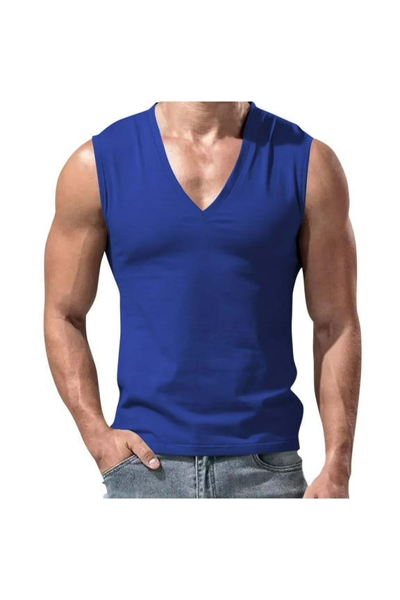 Mens Deep V Neck Tank Tops, Stretch Muscle Gym Workout Sleeveless Slim Fit Low Cut Tank Tops for Summer Beach
