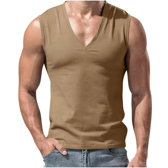 Mens Deep V Neck Tank Tops, Stretch Muscle Gym Workout Sleeveless Slim Fit Low Cut Tank Tops for Summer Beach
