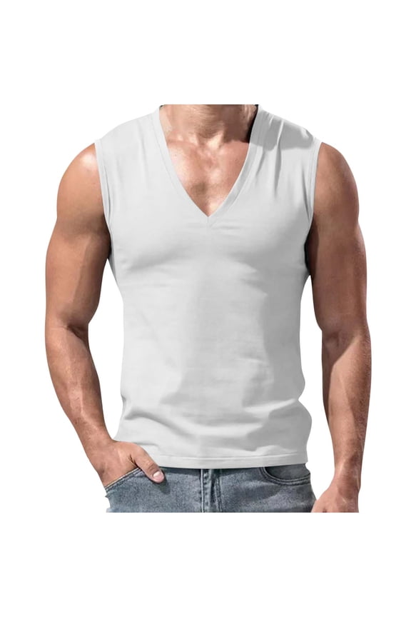 Mens Deep V Neck Tank Tops, Stretch Muscle Gym Workout Sleeveless Slim Fit Low Cut Tank Tops for Summer Beach