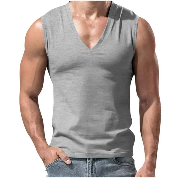 Mens Deep V Neck Tank Tops, Stretch Muscle Gym Workout Sleeveless Slim Fit Low Cut Tank Tops for Summer Beach