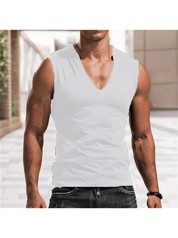 Mens Deep V Neck Tank Tops, Stretch Muscle Gym Workout Sleeveless Slim Fit Low Cut Tank Tops