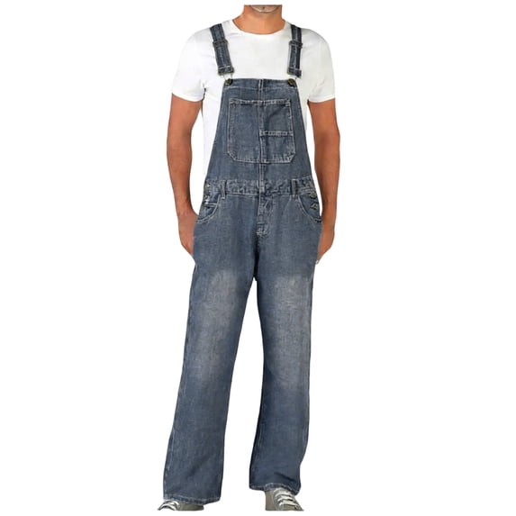 Mens Denim Bib Overall Relaxed Fit Workwear Straight Leg Overalls Adjustable Straps Washed Jean Jumpsuit Pants