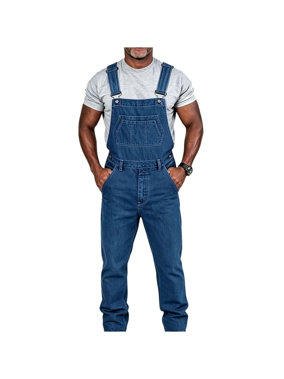 Mens Denim Bib Overalls Adjustable Shoulder Straps Classic Work Jumpsuit with Multiple Pockets Casual Jean Coveralls Dark Blue L