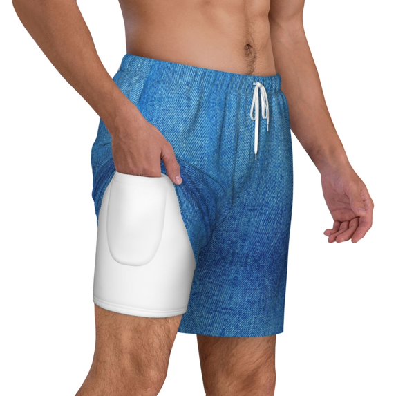 Mens Denim Blue Swimming Trunks with Compression Liner Beach Quick Dry Swim Shorts