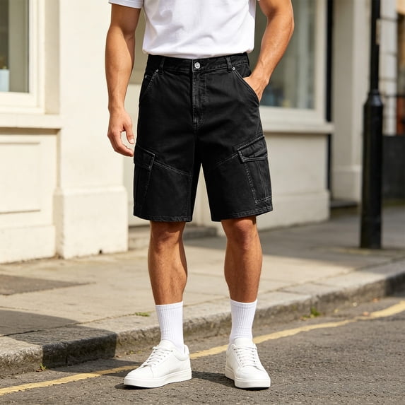 Mens Denim Cargo Shorts Button Zipper Various Pockets Straight Leg 5 Inch Inseam