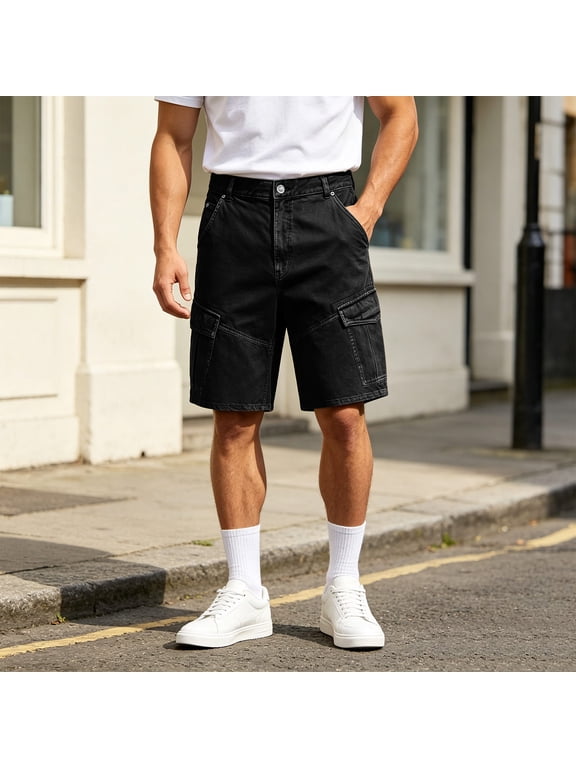 Mens Denim Cargo Shorts Button Zipper Various Pockets Straight Leg 5 Inch Inseam