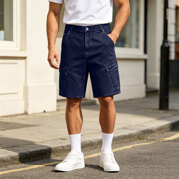 Mens Denim Cargo Shorts Button Zipper Various Pockets Straight Leg 5 Inch Inseam