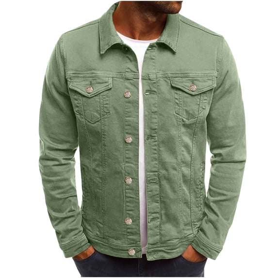 Mens Denim Jacket Button Down Long Sleeve Lightweight Coat Casual Turndown Collar Work Jackets with Pocket Army Green L