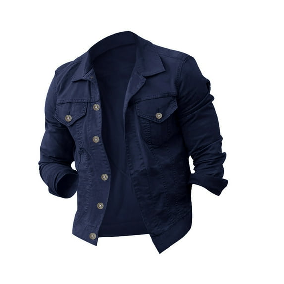 Mens Denim Jacket Qiggri Men's Lapel Slimfit Solid Color Pocket Button Long Sleeve Jacket