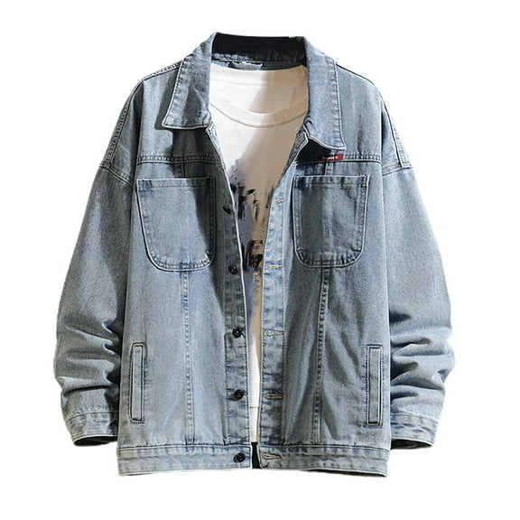 Mens Denim Jacket Qiggri Men's Solid Color Casual Lapel Collar Long Sleeved Button Denim Jacket